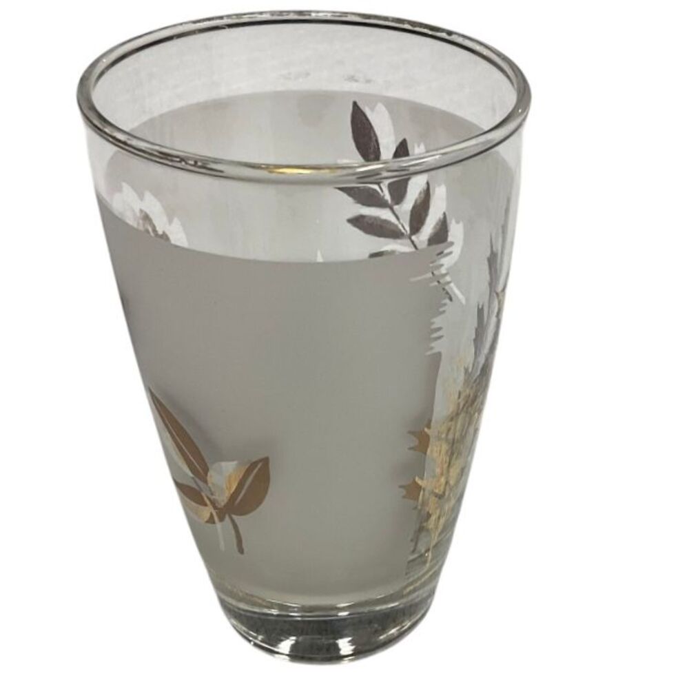 Vintage Frosted Glass Tumbler with Gold & Silver Leaf Pattern Fall Autumn MCM - Picture 3 of 9